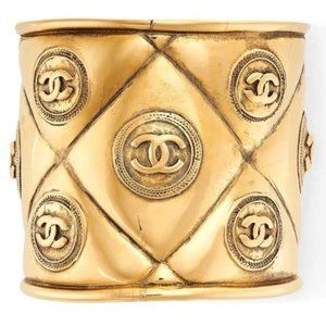 Auth CHANEL Byzantine Gold Plated Quilted CC Coco Signature Cuff Bangle Bracelet